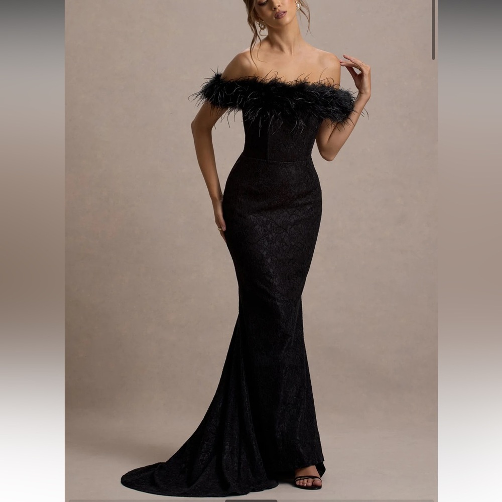 Idyll Black Lace Bardot Feather Fishtail Maxi Dress